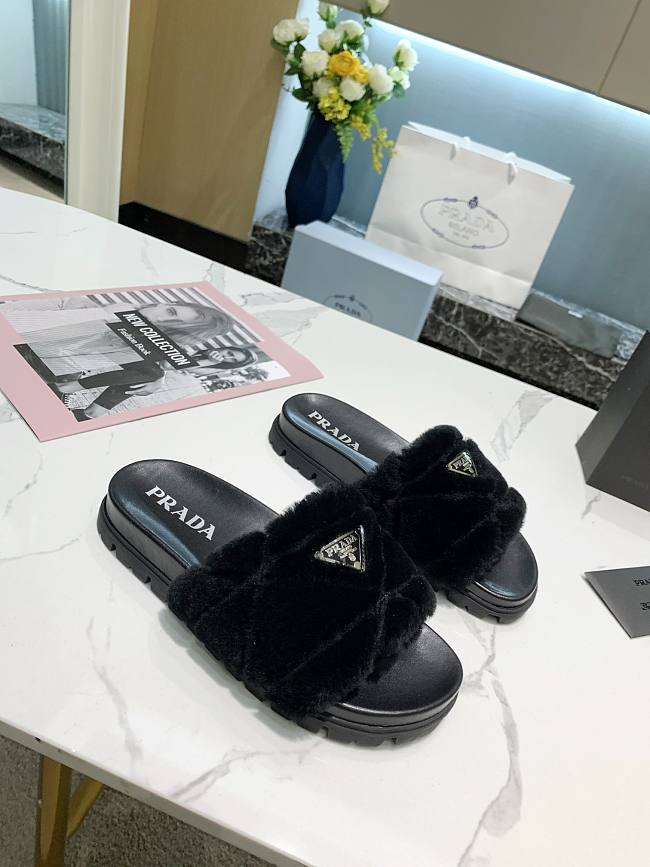 Prada Shearling Slides Black - katehub